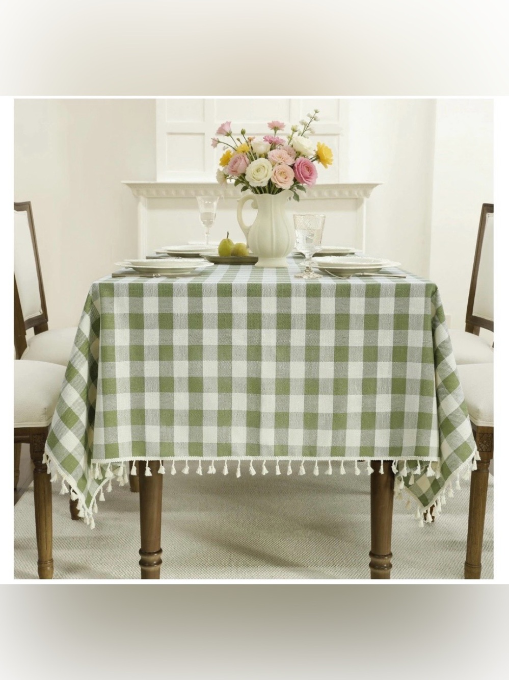 Checkered with Tassel Edge Cotton Blend Tablecloth Waterproof 55x55” GREEN
